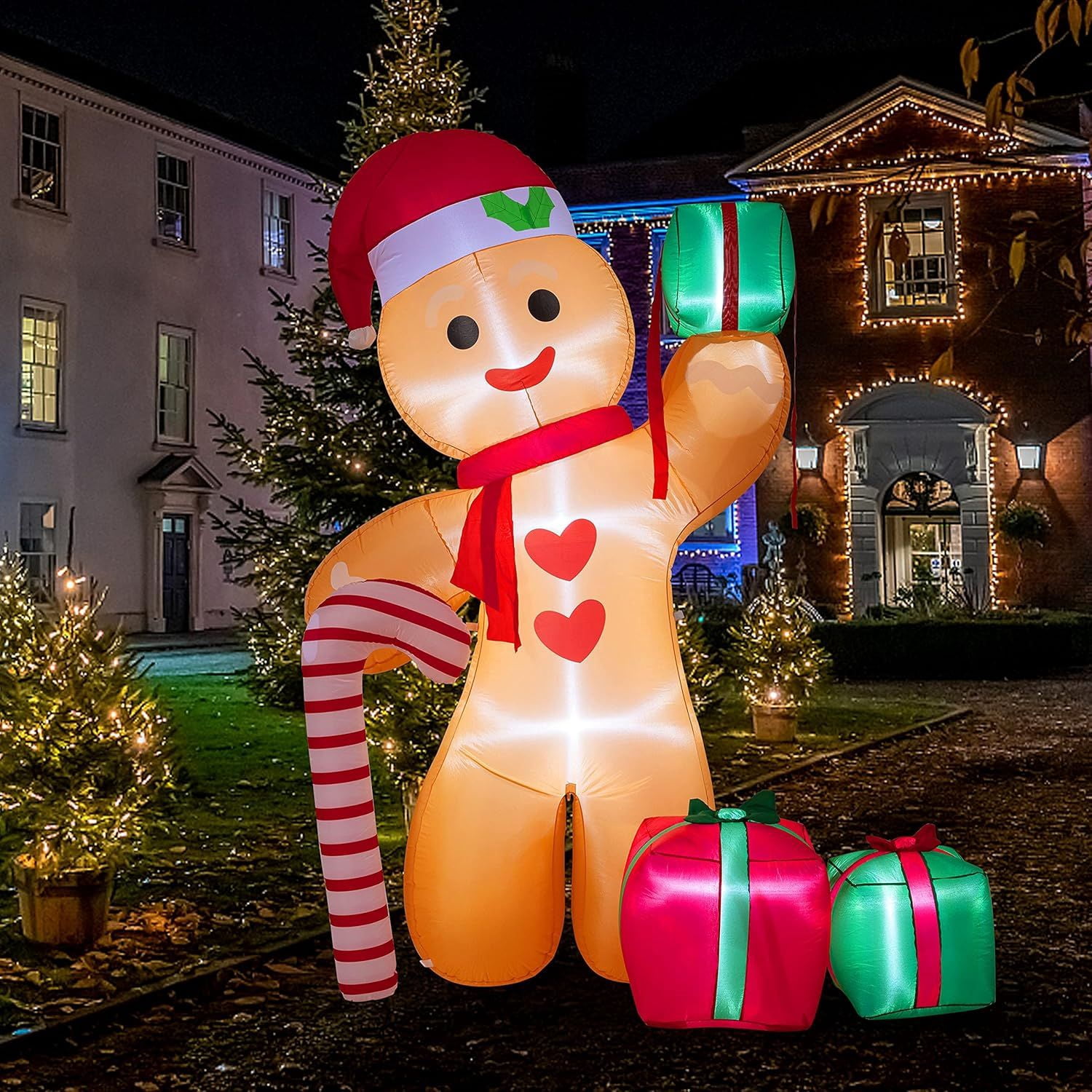 8FT Inflatable Gingerbread Man with Candy Cane and Three Gift Boxes,LED Lighted Christmas Decoration Indoor and Outdoor