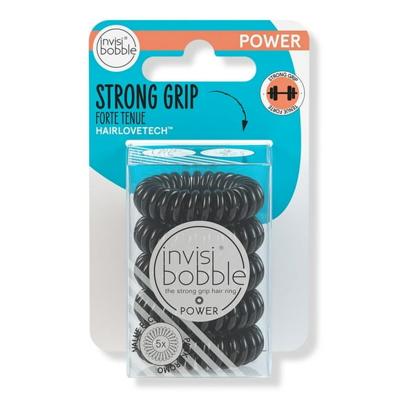 invisibobble Power Traceless Spiral Hair Ties - 5 Pack - True Black - Strong Elastic Grip Coil Hair Accessories for Active Women - No Kink, Non Soaking - Gentle for Girls Teens and Thick Hair