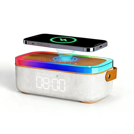 4-in-1 Alarm Clock Bedrooms for Heavy Sleeper, Bluetooth Clock Sync with Phone, Portable Bluetooth Speaker, 15W Wireless Charging Station, Ambient Mood Night Light, Trendy Gift Room Decor