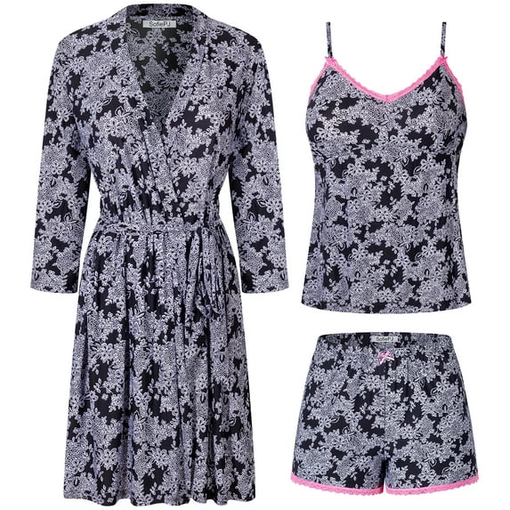 SofiePJ, Women's, Printed Robe Set with Chemise and Shorts 3 PC Sleepwear Lounge Wear, Black White, XL