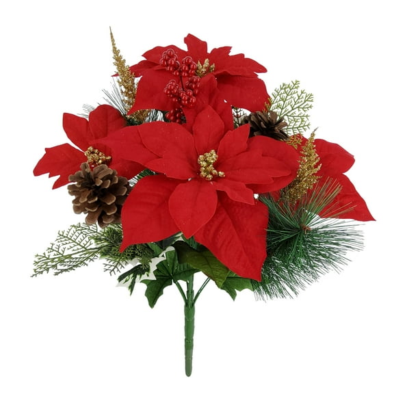 Mainstays Indoor 19-Inch Artificial Poinsettia with Pinecones Bouquet, Red