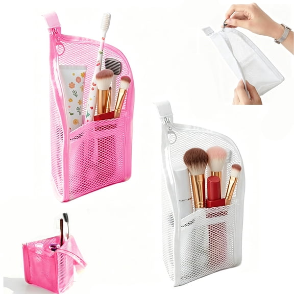 Liyquint 2Pcs Standing Toiletry Bag, Foldable Clear Hanging Travel Cosmetic Bag, Large Capacity Waterproof PVC Organizer for Toothbrush & Toiletries (Pink White)