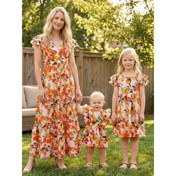 Mommy and Me Dresses Grapefruit Print Ruffle Sleeve V-Neck Family Matching Dress Outfits