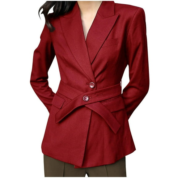 Kaemgyyd Women's Jacket Work Office Wrap Tie Waist Solid Blazer Lapel Long Sleeve Two Button Coat Business Outwear