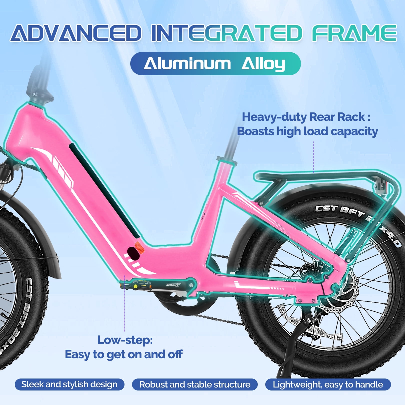 Elifine 500W Peak 1025W Electric Bike for Adults 20"x4" Fat Tire Shimano 7 Speed Ebike UL2849 Pink