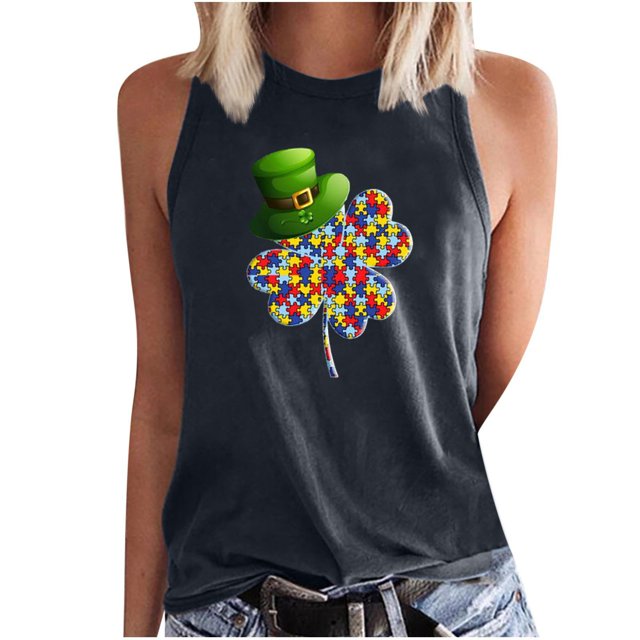 Pompotops T-shirt Imprimé Décontracté Col Rond Printemps Automne Sans Manches pour Femmes