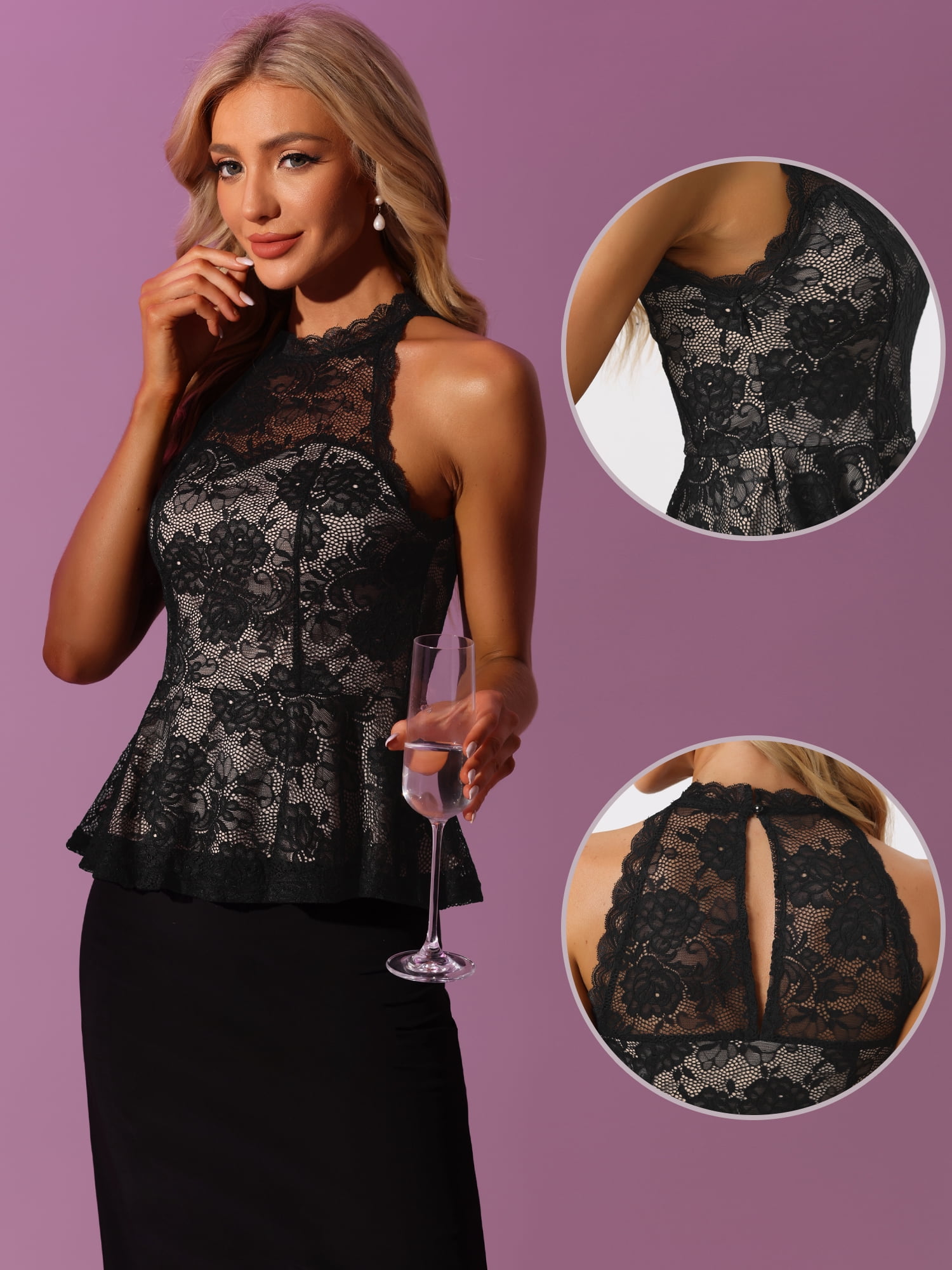 DARING DIVA Women's Lace Tops Sheer Sleeveless Tank Top M Black