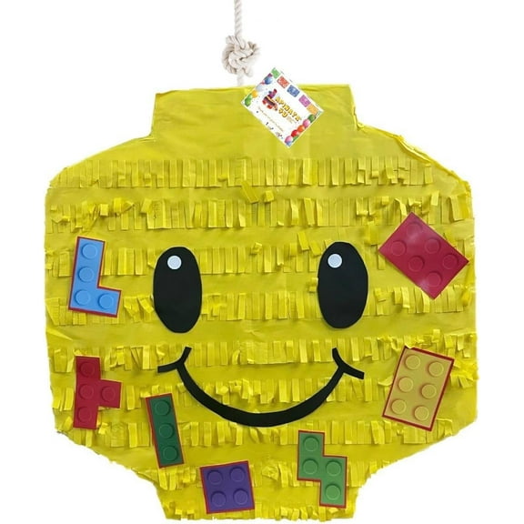 APINATA4U 20” Yellow Smiling Pinata - Elevate Building Block Themed Birthday with Multicolored Brick Accents - Perfect Party Decoration for Gamer Teens!