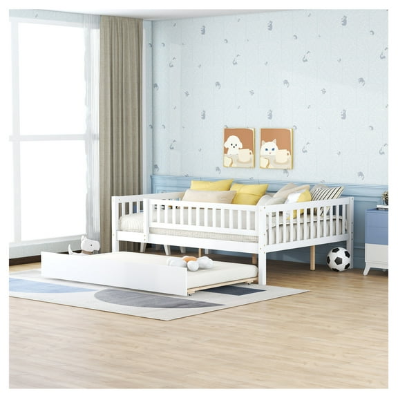 Full Size Wood Daybed with Trundle and Fence Guardrails, White