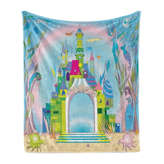 Colorful Soft Flannel Fleece Throw Blanket, Rainbow Toned Castle in the Ocean with Mermaid and Fishes Colorful Composition, Cozy Plush for Indoor and Outdoor Use, 70" x 90", Multicolor, by Ambesonne