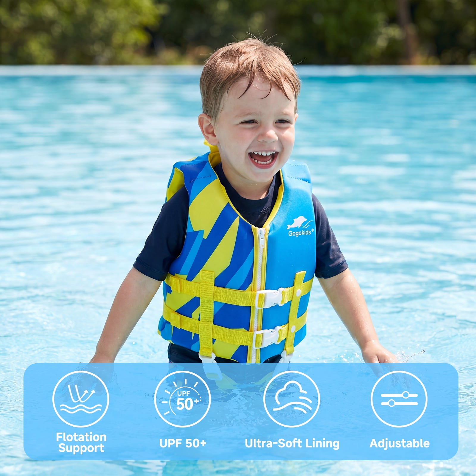 Gogokids Kids Swim Vest Toddler Life Jacket,Flotation Swimming Aid with Adjustable Safety Strap for Boys Girls Age 2-9 Years/28-66Lbs