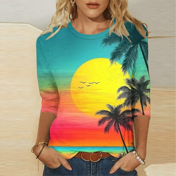 Royisotas Light Blue Tops for Women Plus Size Tshirt Summer Hawaiian Casual 3/4 Sleeve TShirts Comfortable Crew Neck Loose Shirts