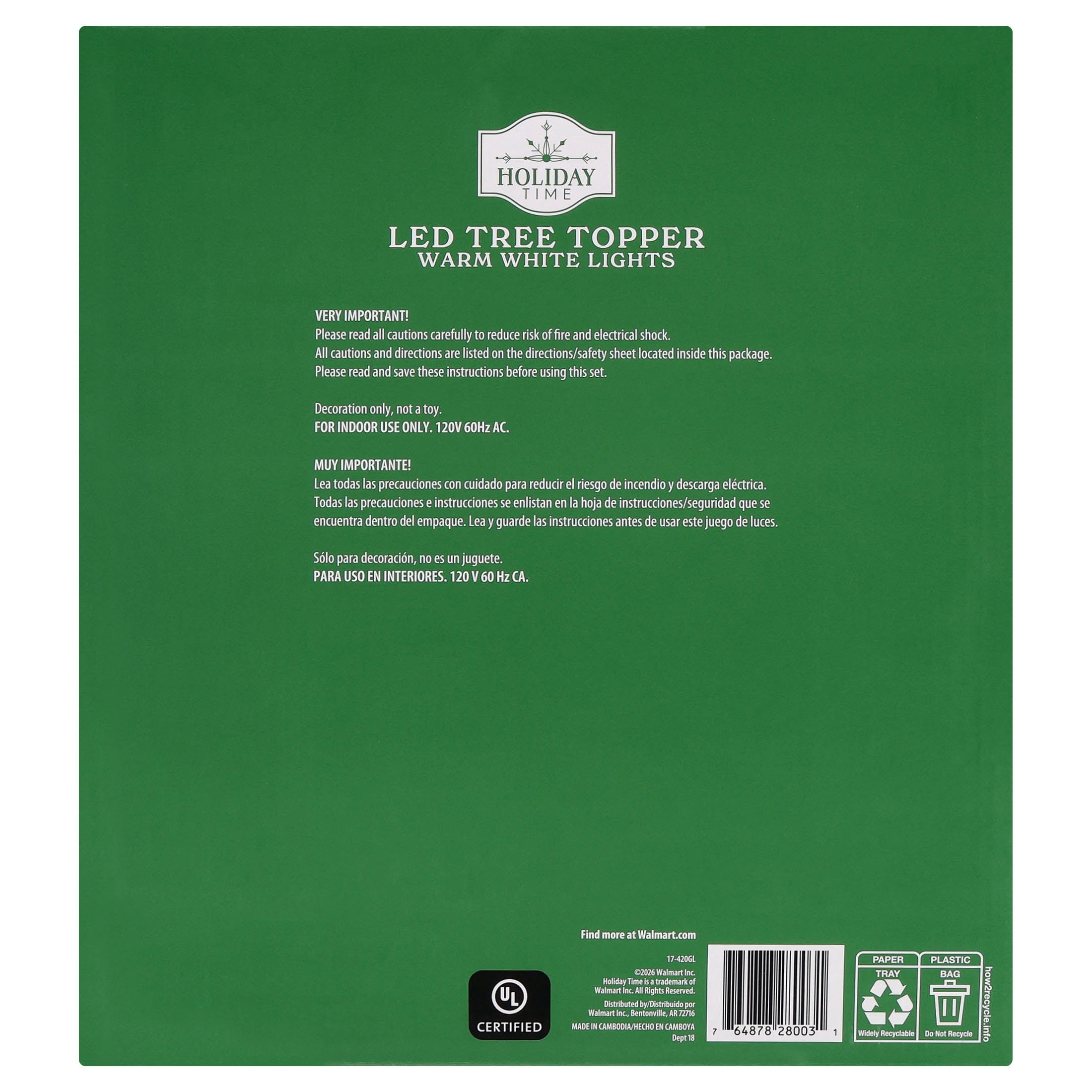 LED Star Christmas Tree Topper, Champagne Gold, 12", by Holiday Time