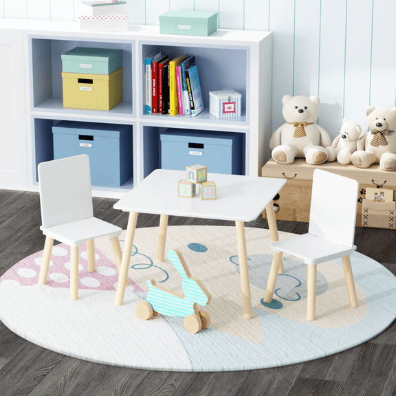 3-Piece White Kids Table and 2 Chairs Set, Solid Wood & MDF Toddler Activity Play Table Set, 5-Minute Easy Assembly, 120lbs Weight Capacity per Chair for Playroom Nursery Bedroom