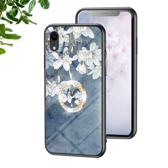 Compatible with iPhone XR Case with Stand Diamond Glitter Ring Kickstand Flower Floral Pattern Design Women Slim Protective Slim Phone Case Soft Cover for iPhone XR,Blue