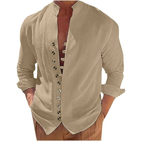 IROINNID Plain Long Sleeve Shirts for Men Comfy Vintage Cotton Linen Shirt Slim Standing Neck Button Pocket T-Shirt Top Blouse Discount,Khaki