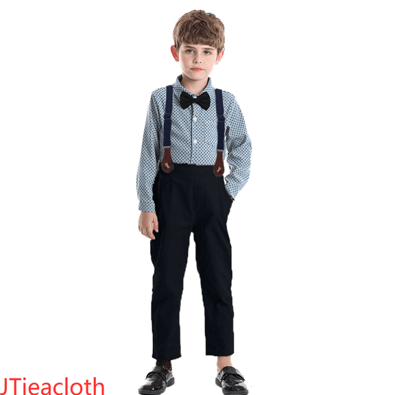 JTieacloth 2Pcs Boys Pants Set Toddler Boys Long Sleeve Bowknot Prints T Shirt Tops Suspender Pants Child Kids Outfits,Sizes 2-3 Years(Blue)