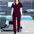 thumbnail image 1 of Conjunto de uniformes de enfermería, ropa de trabajo, pantalones de enfermera, Top exfoliante con cuello en V, trajes de trabajo de enfermería, Rojo oscuro Yinane  Uniforme de enfermera, 1 of 8