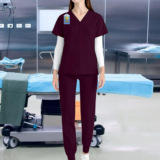 Uniformes Scrub Set Trajes de Trabajo, Pantalones de Enfermera Mujeres Enfermería Scrubs Uniforme Cuello en V Ropa de Trabajo de Manga Corta , rojo oscuro, metro