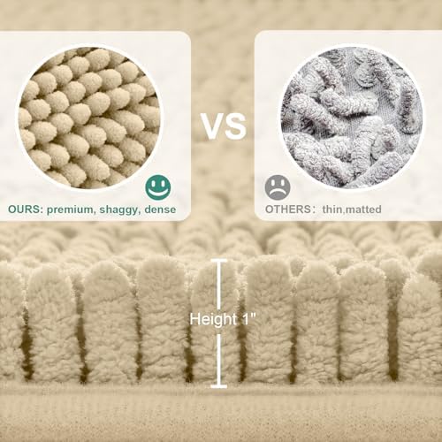 3 Pieces Beige Bathroom Rugs Set, Ultra Soft Non Slip Bath Rug and Absorbent Chenille Bath Mat, Includes U-Shaped Contour Rug, Bath Mat and Toilet Lid Cover, Perfect for Bathroom, Tub