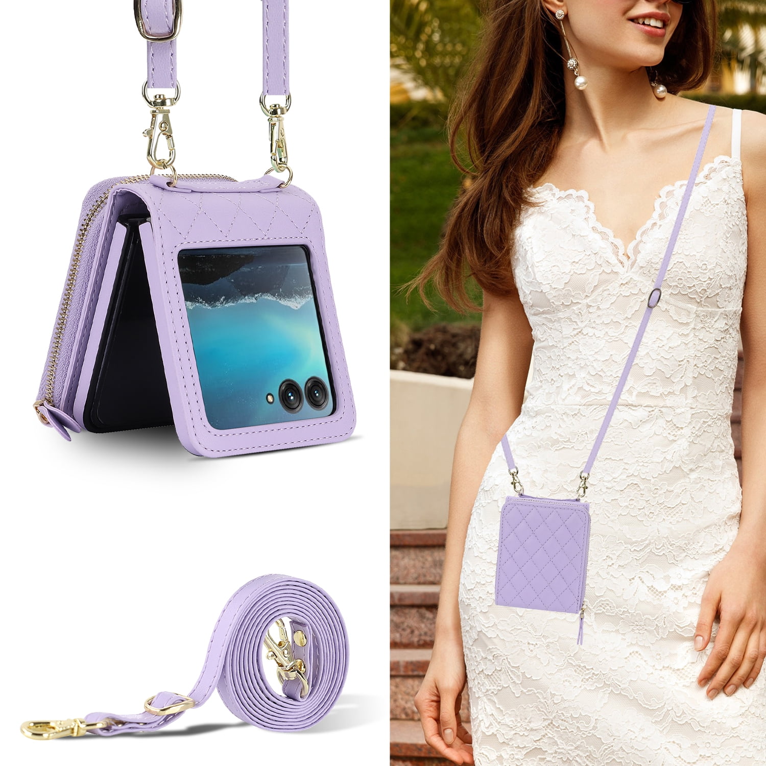 Allytechgroup for Motorola Razr 2025/2024 Wallet Case with Hand Wrist Shoulder Strap, PU Leather Cards Slots Zipper Pocket Shockproof Protective Phone Case Cover for Motorola Razr 50/60, Purple