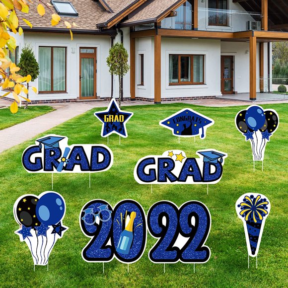 Blue Graduation Yard Sign Stakes 2022 Outdoor Decorations 9 pcs Blue Grad 2022 Lawn Sign for Class of 2022 8th, High