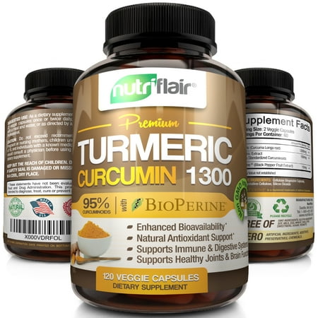 Nutriflair Premium Turmeric Curcumin with BioPerine Black Pepper Capsules, 1300mg, 120 (Best Form Of Curcumin)