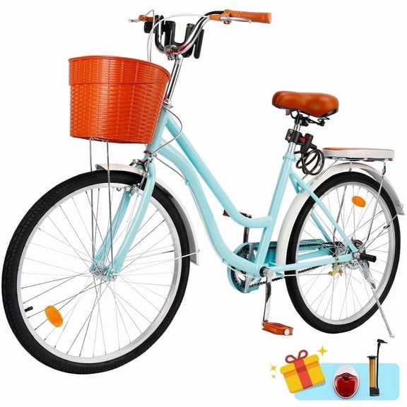 24 Inch Bikes for Women with Basket, Womens Cruiser Bicycle with Adjustable Seat, City Commuter Cruiser Bike, Adult Beach Bicycle with Basket & Lock, Blue/Pink