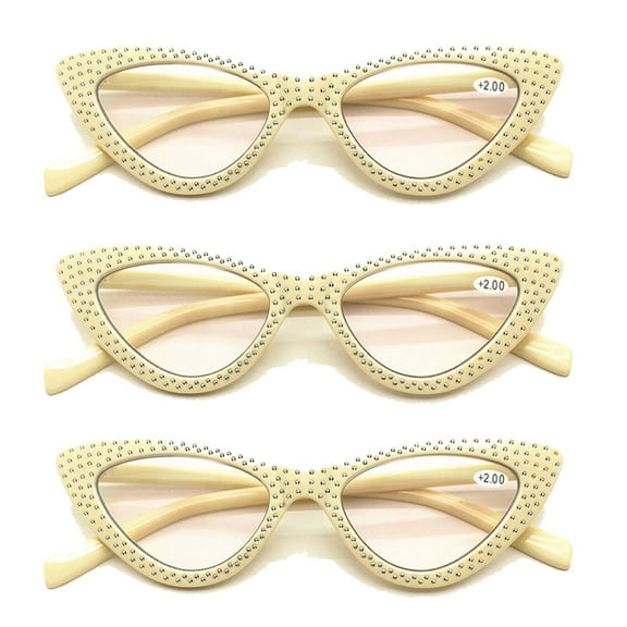 3 Pairs of Women Beige Cat Eye Reading Glasses Diamond Presbyopic Glasses Plastic Readers 2.50