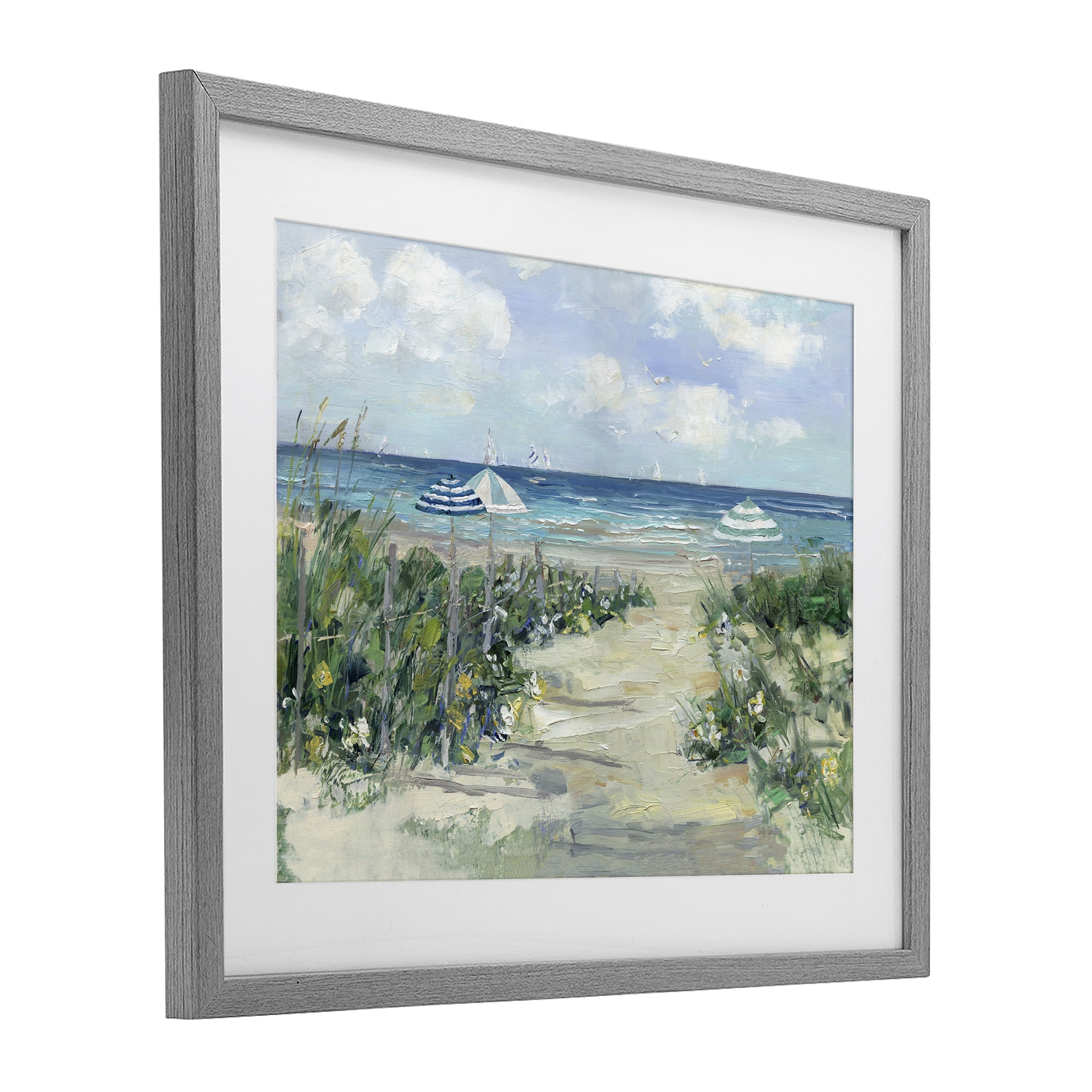 Stupell Industries Seaside Path To Striped Umbrellas Gray Framed Print Under Glass, design by Sally Swatland