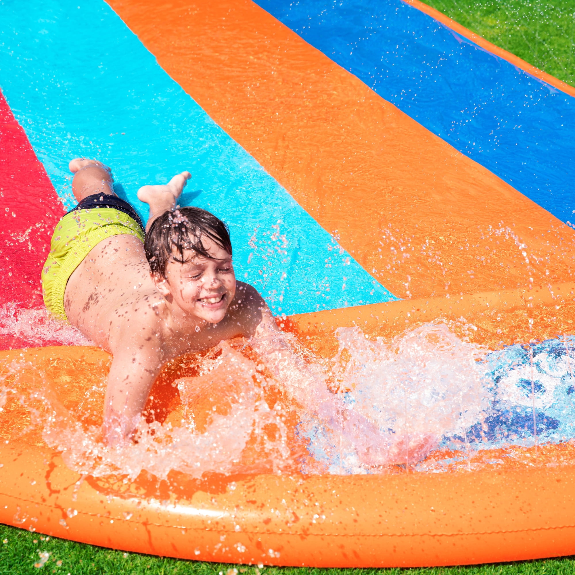 Bestway: H2OGO! 16' Quadruple Water Slide - Inflatable Lawn Sprinkler Slide, 4 Racing Lanes, Drench Pool Landing, Hose Setup, Outdoor Play, Kids 3+