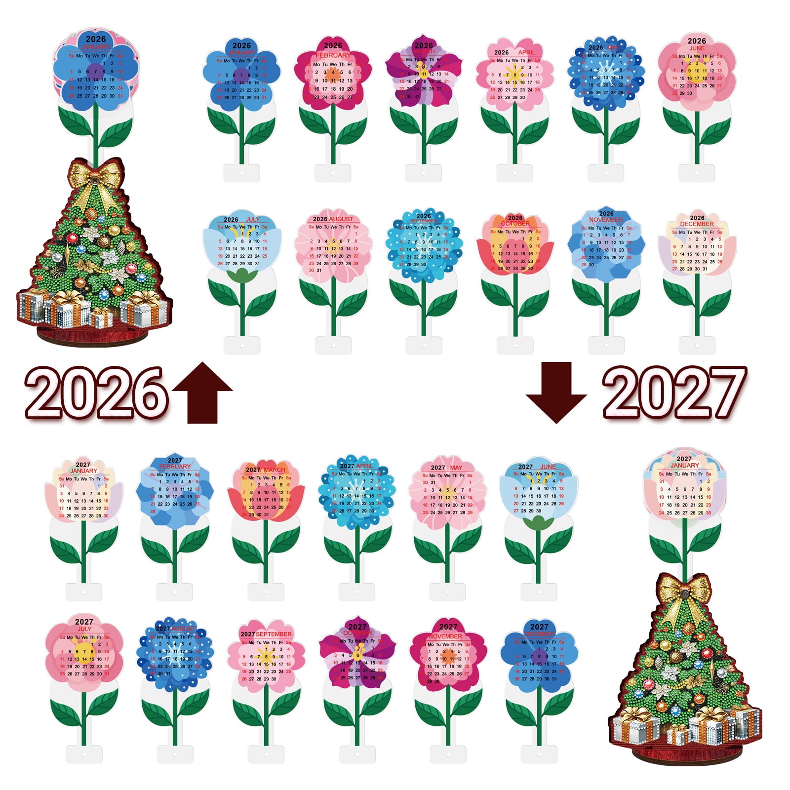 FLOPESN 2026-2027 Wooden Desktop Calendar DIY Diamond Art Painting Kits,Creative Design PVC Insert Home Decor Ornament-2PCS-Christmas
