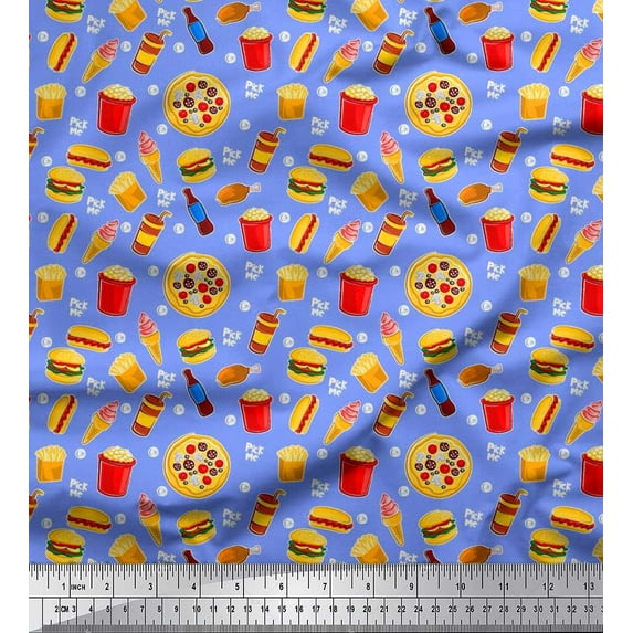 Soimoi Satin Silk Fabric Cold Drink,Pizza & Burger Food Printed Craft Fabric by The Yard 42 Inch Wide