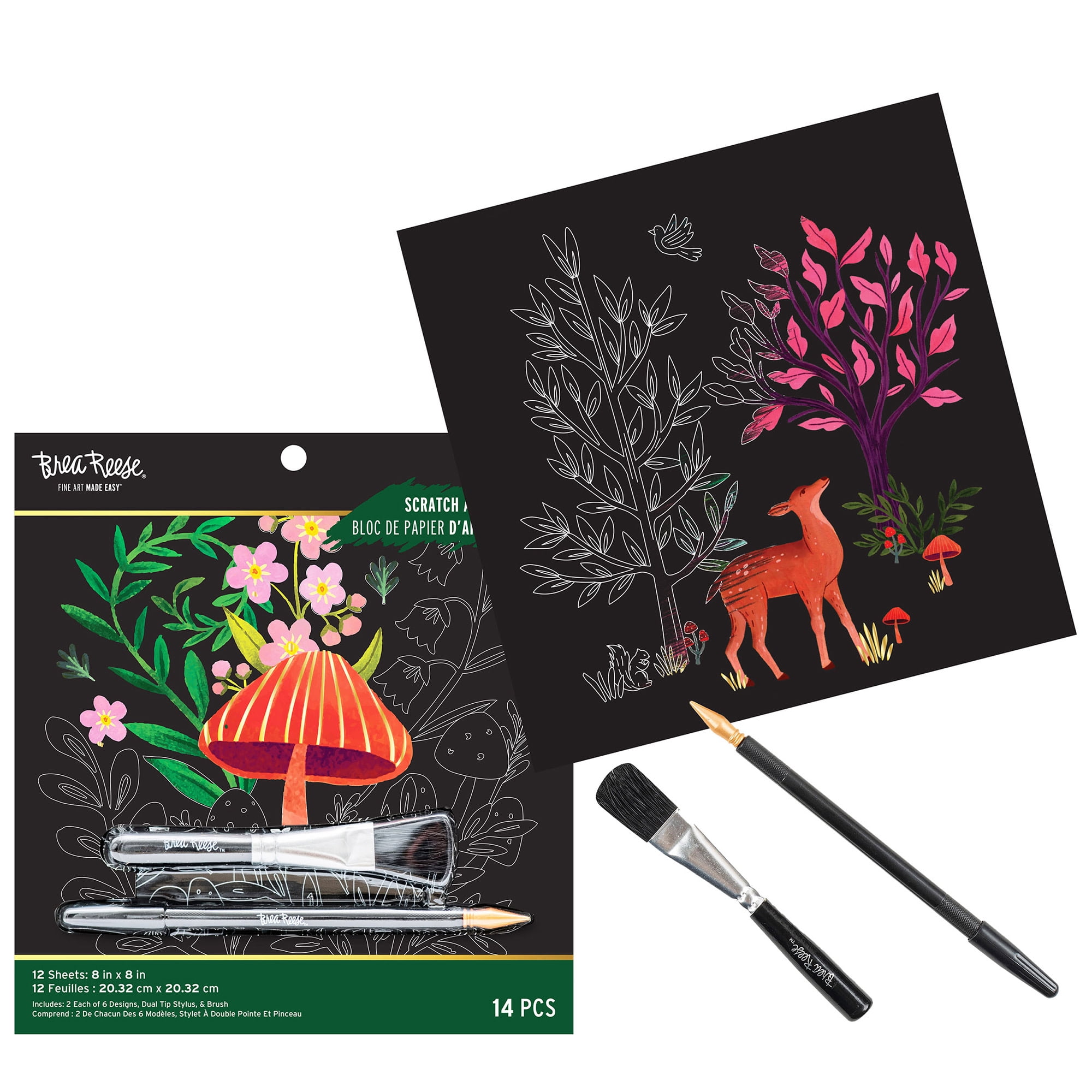 Brea Reese: Scratch Art Paper Pad - Woodland - 12 Sheets, 6 Guided Nature Designs, Metallic Accents, Dual-Tip Stylus & Brush, 8x8" Pages, Adult Craft