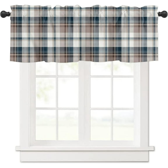 Kitchen Curtain Valance and Tiers Set Check Plaid Rod Pocket Kitchen Tier Curtain Valance Set 3 Piece Farmhouse Brown Blue Buffalo Plaid Window Curtain Valance Tier Set for Bedroom Bathroom 54x36 Inch