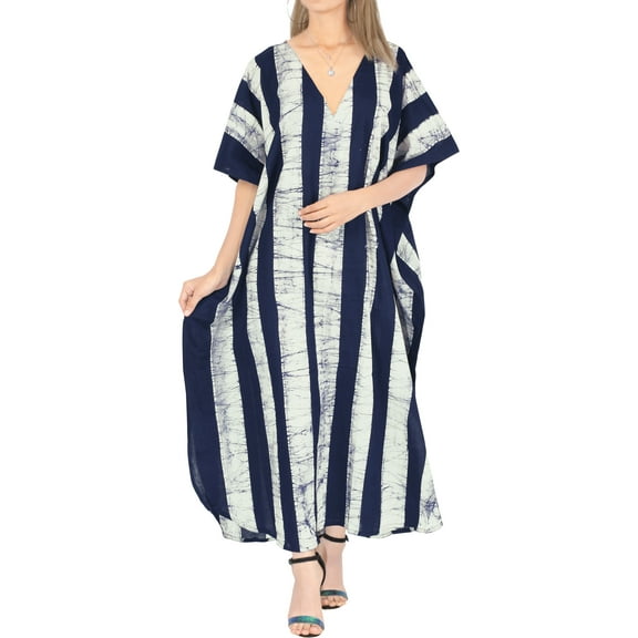 HAPPY BAY Women's Summer Nightgown Batik Caftan for Womens Sleepwear Long House Kaftan Loungewear Dashiki Dress 2X-3X Blue, Stripes