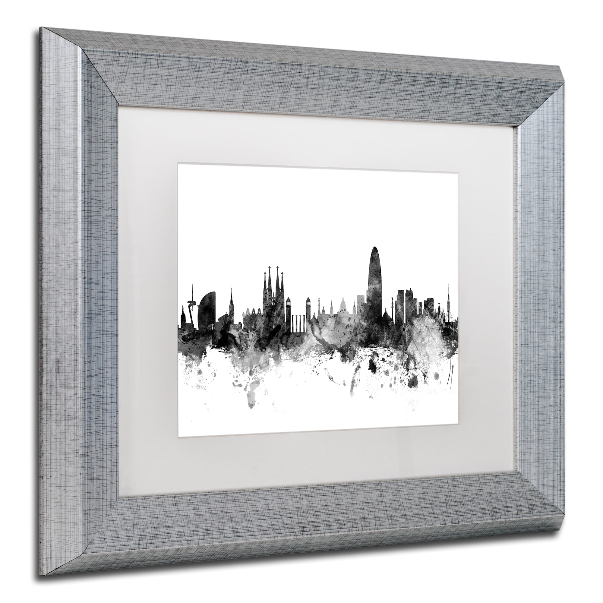 Trademark Fine Art "Barcelona Spain Skyline B&W" Canvas Art by Michael Tompsett, White Matte, Silver Frame
