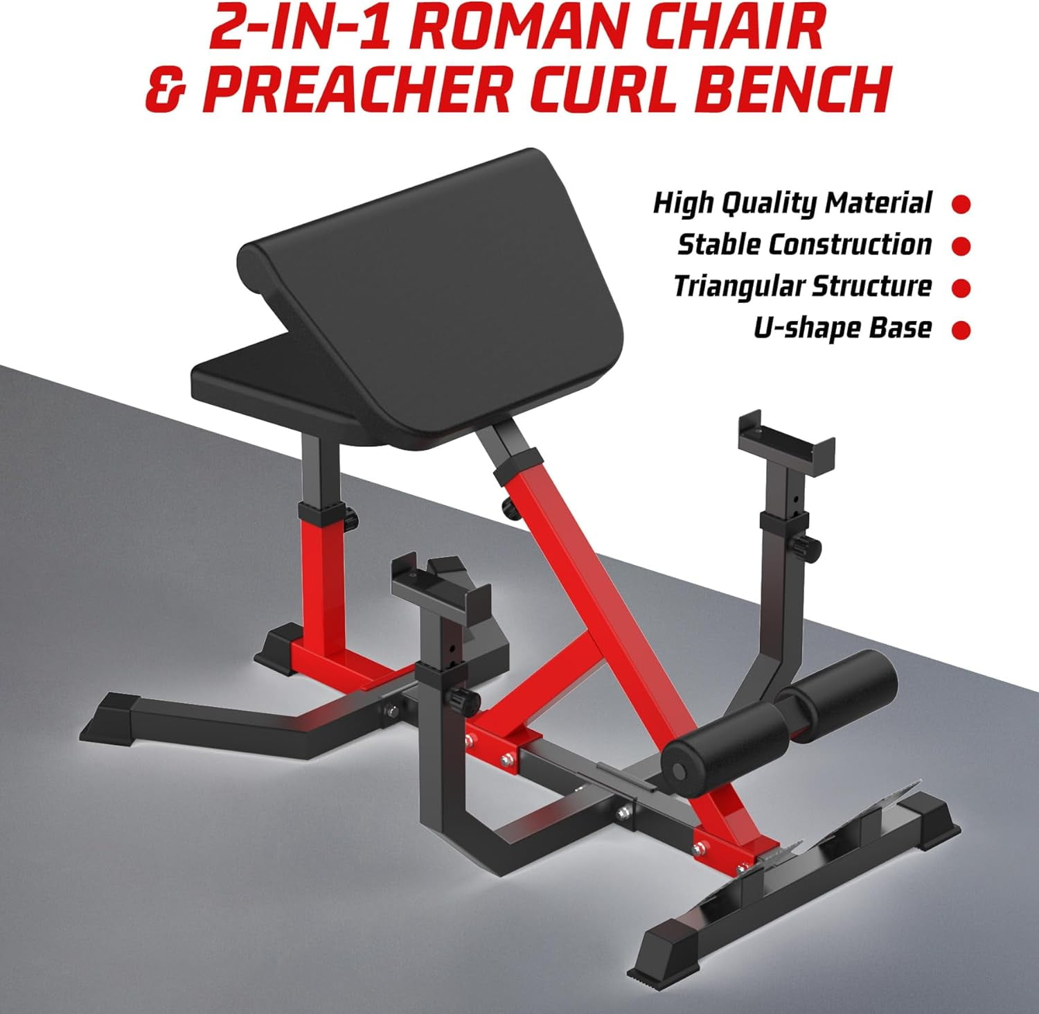 Hetoy 2 in 1 Roman Chair and Missionary Curling Bench Multi-functional heavy-duty, extra-extended bench with adjustable height for arm, abs, back, hip, and leg stretching exercise equipment,Red