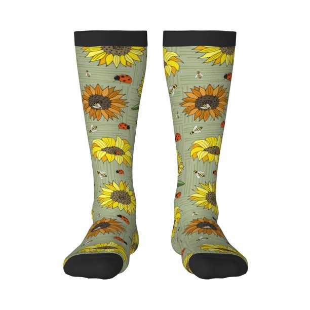 Fotbe Sage Green With Sunflowers Calcetas Divertidas Estampadas para Hombre y Mujer, Calcetas de Algodón hasta la Rodilla para Caminar, Correr, Enfermería y Embarazo