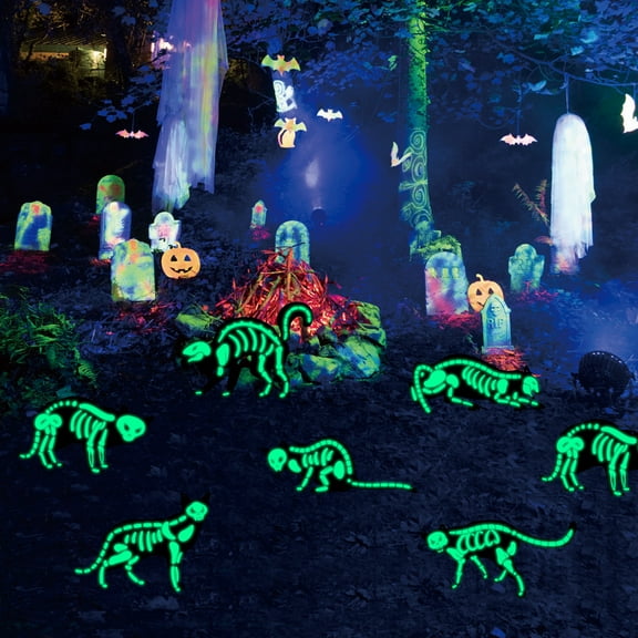 Halloween Scary Cats Skeleton Yard Sign,6 Peice Halloween Glow in The Dark Black Cats Silhouette Lawn Signs with Stakes, Luminous Black Cat Decoration for Garden Lawn Pathway