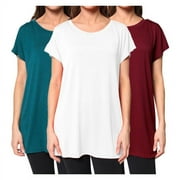 Free to Live 3 Pack Womens Long, Loose Fitting Tunic Tops with Short Kimono Sleeves
