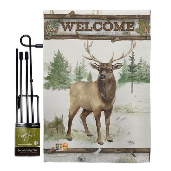 Breeze Decor BD-WL-GS-110105-IP-BO-D-US18-WA 13 x 18.5 in. Welcome Deer Nature Wildlife Vertical Double Sided Mini Garden Flag Set with Banner Pole