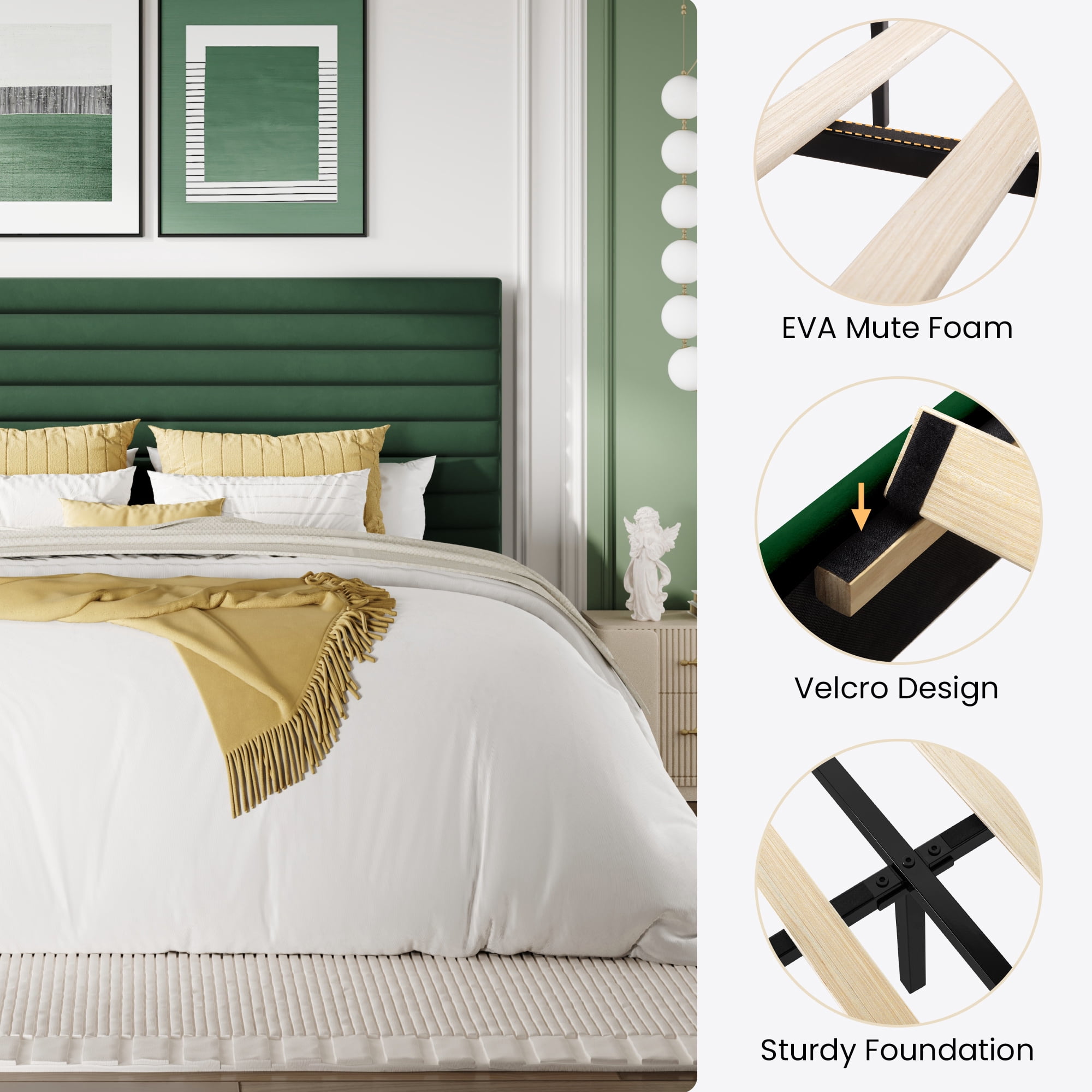 Sha Cerlin Queen Size Platform Bed Frame with Velvet Adjustable Headboard, No Box Spring Needed, Green