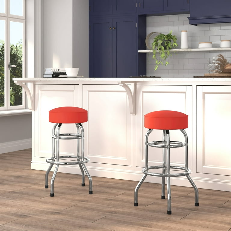 Flash Furniture Bruno 2 Pack Double Ring Chrome Barstool with Red Seat