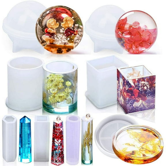 8Pcs Silicone Epoxy Resin Casting Art Molds Include Round, Square, Sphere, Pendant, Coaster for DIY Jewelry, Flower Pot