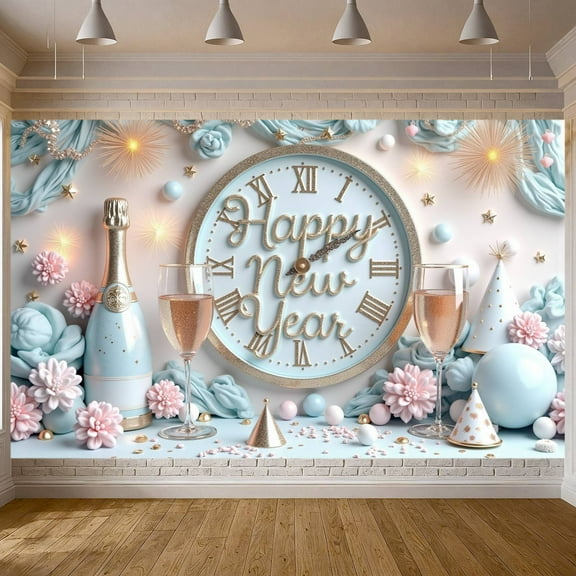 Gold Decorative Happy New Year Banner Light Blue New Year Display Star Pattern Floral Design Festive Backdrop for New Year Party Holiday Celebration Indoor Decoration
