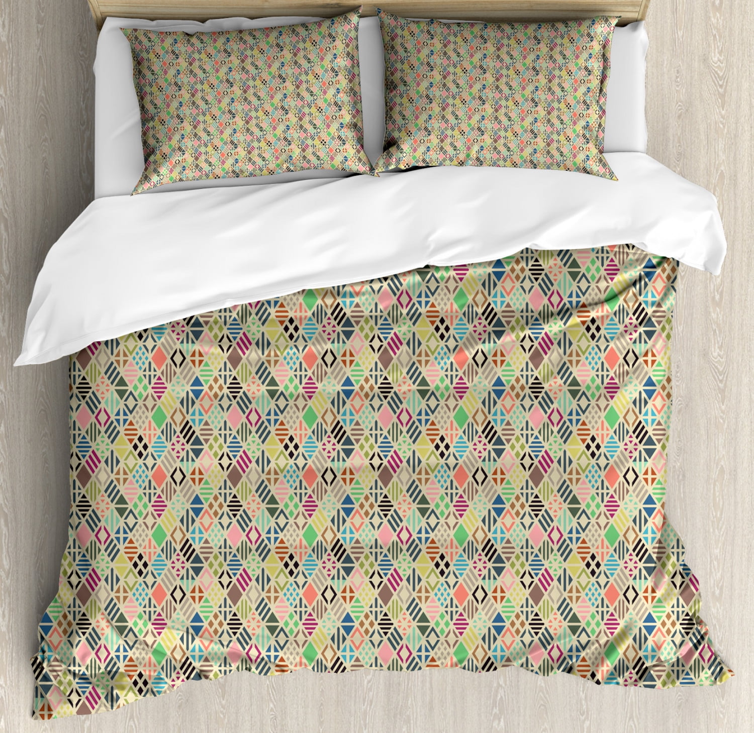 Geometric Queen Size Duvet Cover Set, Patchwork Art of Rhombus Shape Geometric Background with