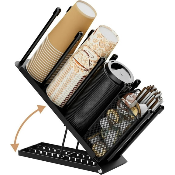 Cup and Lid Holder - Adjustable Coffee Cup Holder Organizer 4 Compartment Disposable Cup Dispenser with Coffee Pod Straw Storage Basket for Coffee Station Bar Countertop Breakroom Metal Black