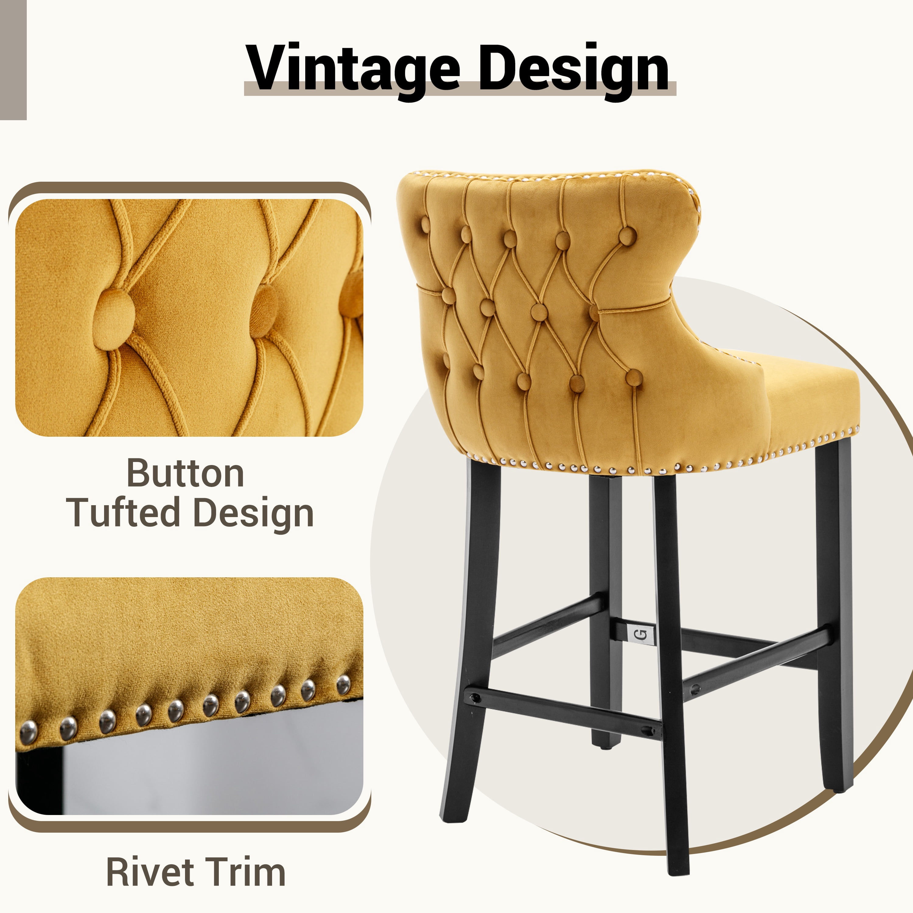 Bar Stools Set of 2, LegaHome 26" Counter Height Bar Stools with Back Sets of 2, Velvet Upholstered Bar Stool with Button Tufted & Nailhead Trim, Counter Stool for 35-39" Kitchen Island, Yellow