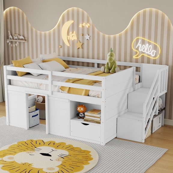 HICOMILA Full Size Solid Wood Low Loft Bed With Built-In Stairs Storage Drawer Shelf 7 Colors LED Light,White